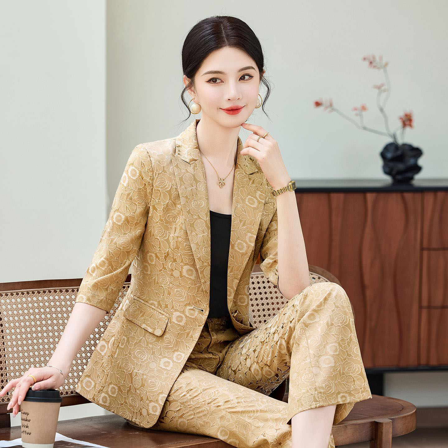 Women'S Formal Wear Pants Suit - Mode Abrikoos Half Mouw Professioneel Pak