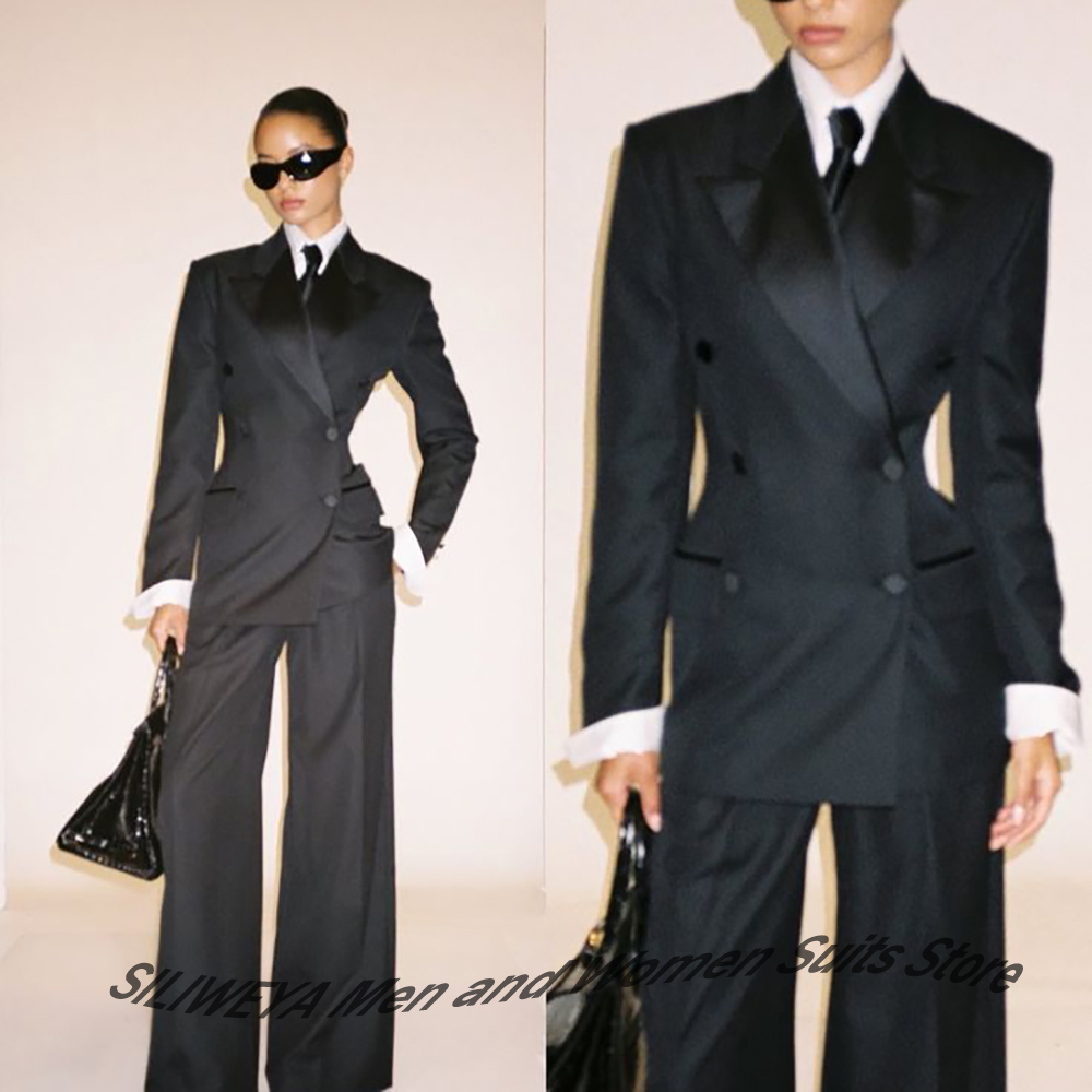 Women'S Formal Wear Pants Suit - Professioneel Dames Zwart Double-Breasted Pak Slim