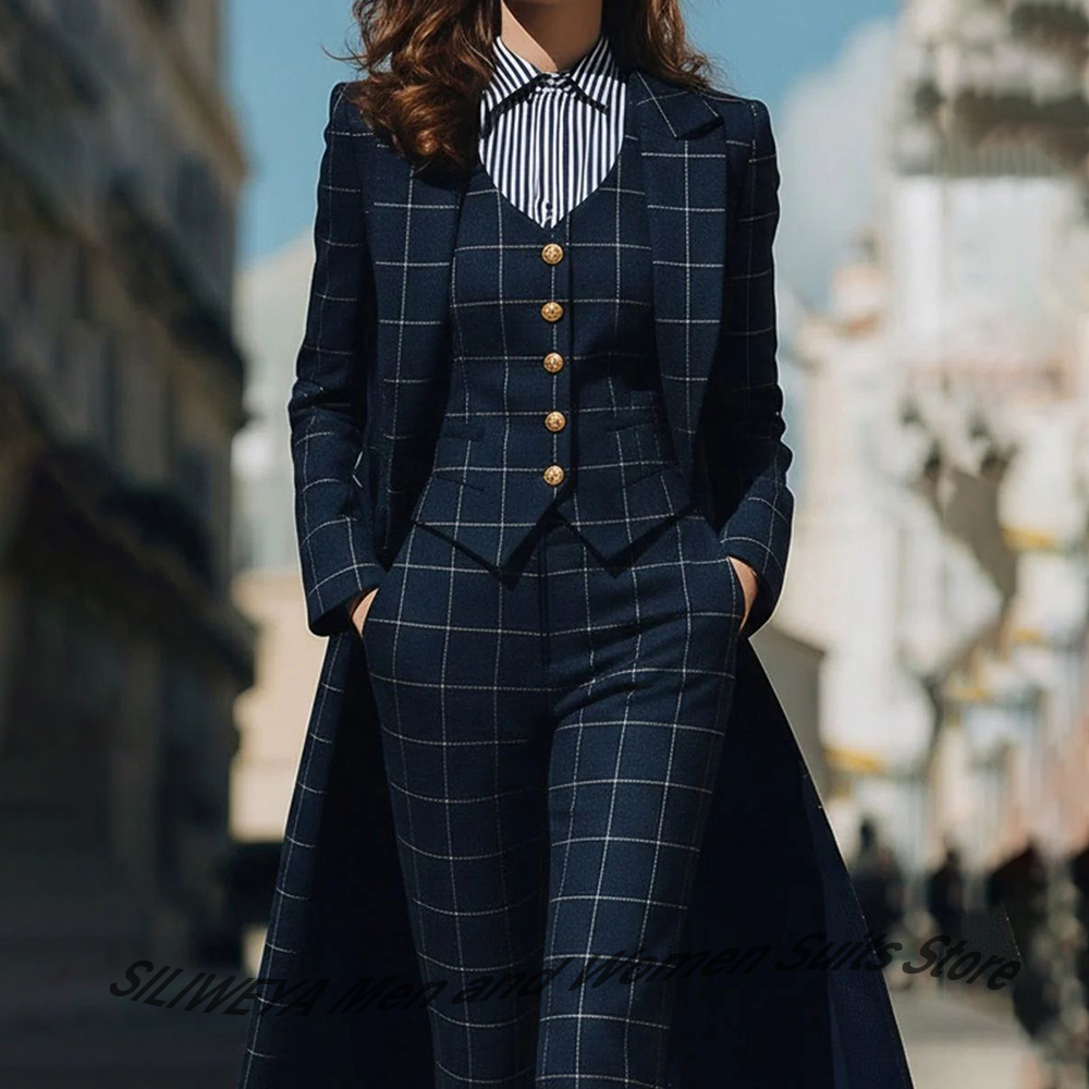 Women'S Formal Wear Pants Suit - Verfijnde marineblauwe geruite damesblazers en pakken,