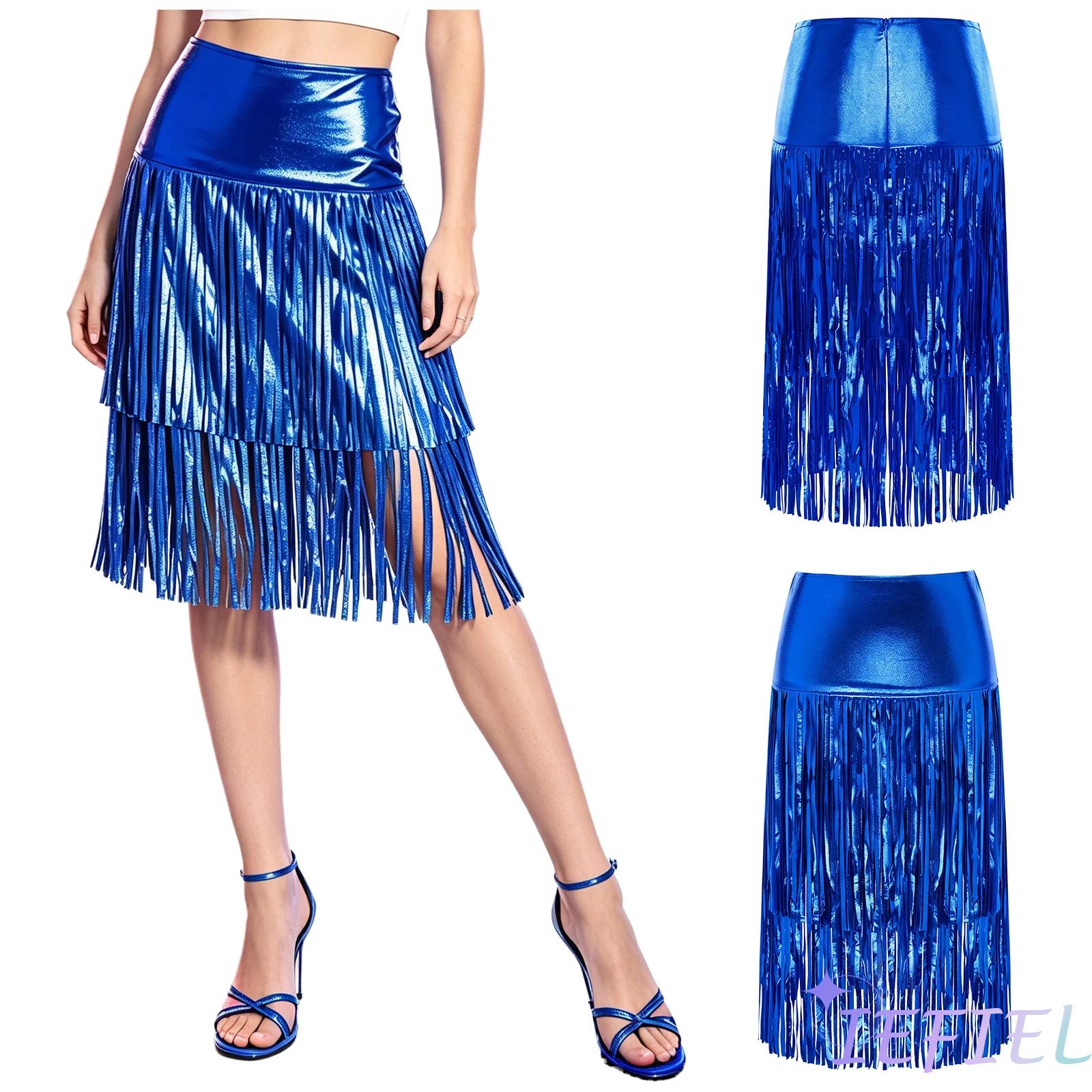 Pencil Skirt Midi - Vrouwen metallic glanzende midi-rok met franjes,