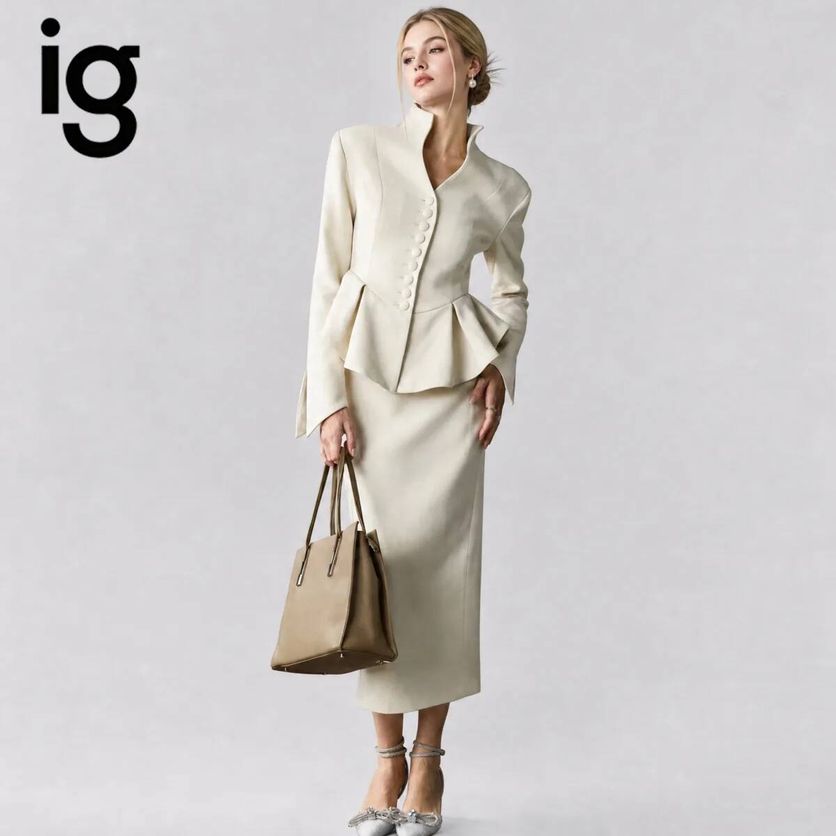 Pencil Skirt Midi - IG26 Dames Blazer met Staande Kraag